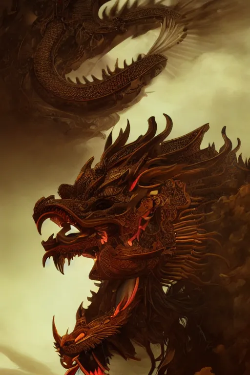 Image similar to chinese dragon god, close - up portrait, powerfull, intricate, elegant, volumetric lighting, scenery, digital painting, highly detailed, artstation, sharp focus, illustration, concept art, ruan jia, steve mccurry