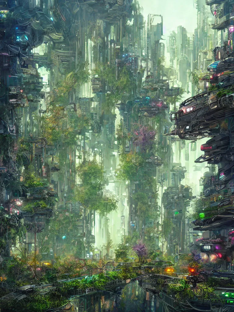 Image similar to a cyberpunk city overgrown with biopunk foliage by tony sart, fantasy, artstation, smooth, illustration