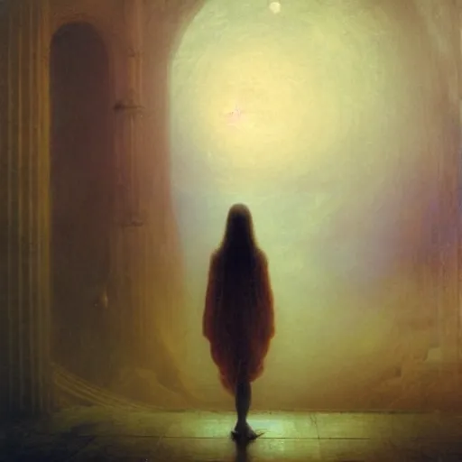 Image similar to a young woman lucid dreaming in cyberspace photoreal, atmospheric, by william turner, beksinski, caspar david friedrich, oil painting, romantism, realism, limited palette