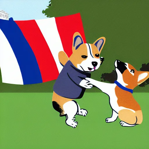 Image similar to illustration of french boy in paris playing football against a corgi, the corgi is wearing a polka dot scarf