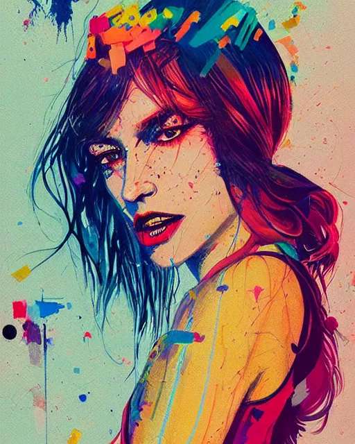 Prompt: an ultradetailed beautiful painting of a stylish woman with colorful band aids, rave concert poster, retro, conrad roset, greg rutkowski, flume cover art,