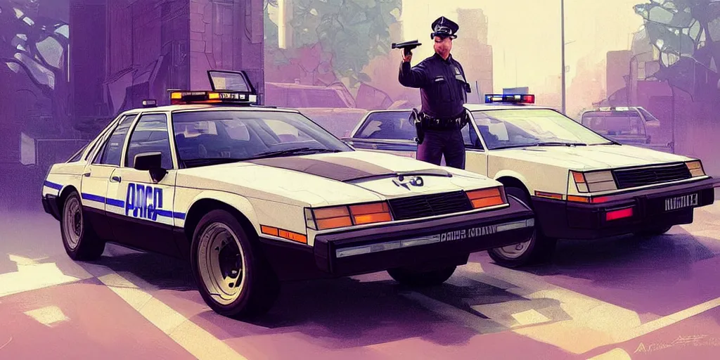 Image similar to a 1 9 8 0 s cop and cop car, highly detailed, digital painting, artstation, concept art, matte, sharp focus, illustration, art by artgerm and greg rutkowski and alphonse mucha
