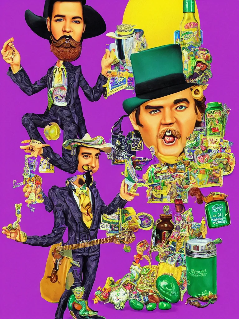 Image similar to long shot full body portrait of professional wrestling salesman elvis presley johnny cash cowboy snakeoil salesman wearing oversized cowboy hat with curly moustache and anthropomorphic purple snakeskin business suit, pictured in front of a green screen selling locomotive petroleum snake oil eggs bottled in faberge briefcases from the distant future, portrait art by lisa frank and basil wolverton