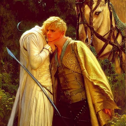 Image similar to attractive arthur pendragon in love with attractive male merlin the mage. they are in love. highly detailed painting by gaston bussiere, craig mullins, j. c. leyendecker