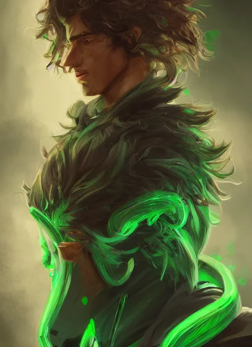 Image similar to a highly detailed illustration of young thick wavy messy haired guy wearing green face mask and brown noir coat intricate, elegant, highly detailed, centered, digital painting, artstation, concept art, smooth, sharp focus, league of legends concept art, wlop