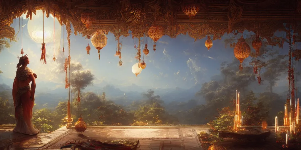 Image similar to painting of a god of wind enjoying his ornate heavenly palace, decorated with windchimes and paper lanterns, stunning nature in background, cinematic, 8 k, hyper detailed, art by greg rutkowski