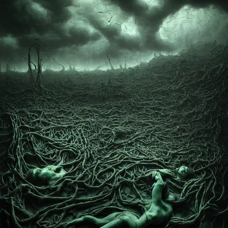 Prompt: surreal abandoned ribbed broken floating bodies, dark clouds, dark green tint, surreal abandoned buildings, dream-like heavy atmosphere, baroque painting, beautiful detailed intricate insanely detailed octane render trending on Artstation, 8K artistic photography, photorealistic, dramatic volumetric cinematic perfect light, chiaroscuro, award-winning photograph, masterpiece, Raphael, Caravaggio, Beksinski, Giger