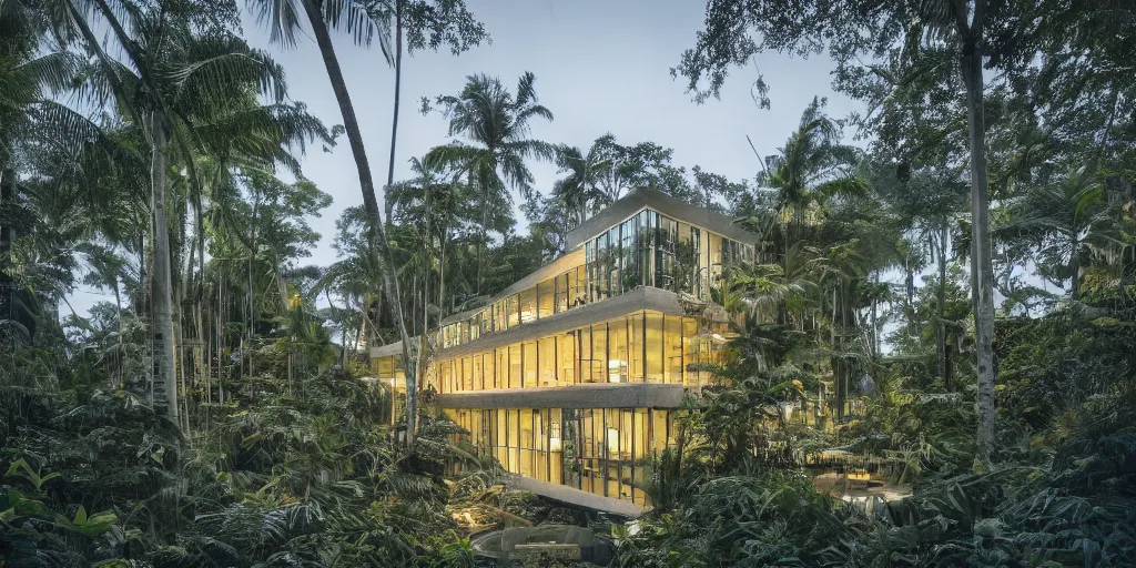 Prompt: Architectural photography of beautiful nature meets architecture building, in a tropical forest, volumetric lighting,, luxury, high detail, 14mm, cinematic photography, archdaily, hgh resolution