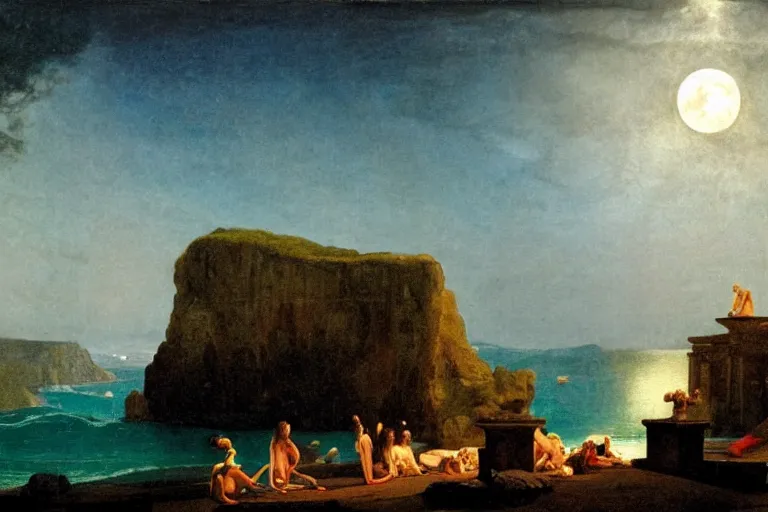 Image similar to The giant greek arch, refracted moon on the ocean, thunderstorm, greek pool, beach and Tropical vegetation on the background major arcana sky and occult symbols, by paul delaroche, hyperrealistic 4k uhd, award-winning, very detailed paradise