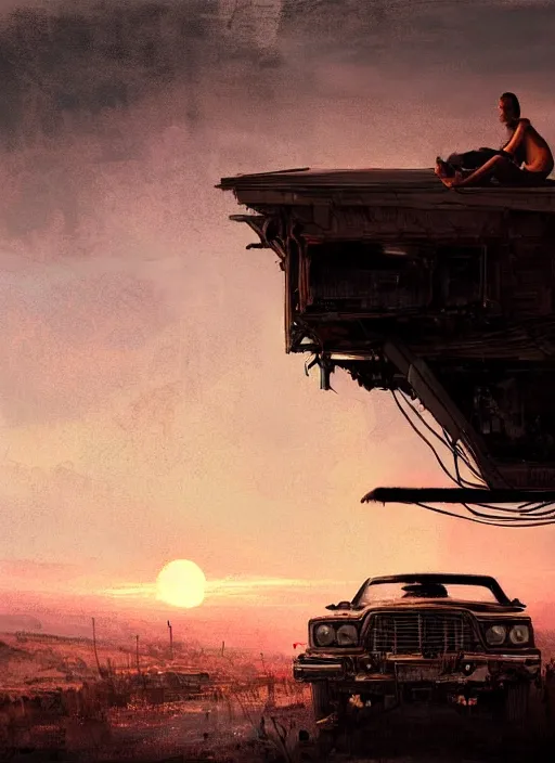 Prompt: apocalypse survivor sitting on car roof looking at the sunset, rule of thirds, intricate, by greg rutkowski, by jeremy mann, digital painting