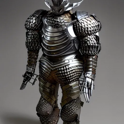 Image similar to a humanoid Pangolin armored knight with metallic armor that looks similar to a pangolin and biotechnology mesh