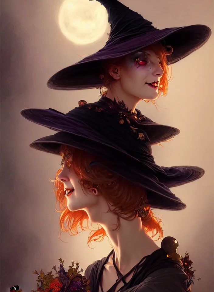 Image similar to halloween witch woman in a hat smiles, fantasy magic, undercut hairstyle, dark light night, intricate, elegant, sharp focus, illustration, highly detailed, digital painting, concept art, matte, art by wlop and artgerm and greg rutkowski and alphonse mucha, masterpiece