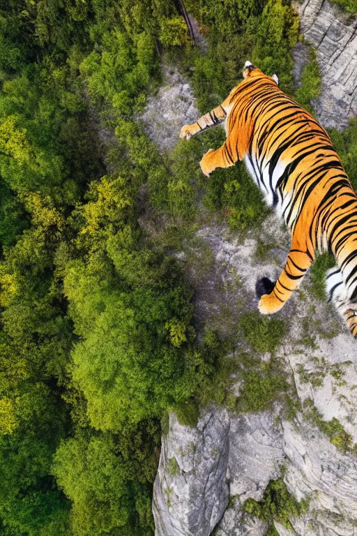 Image similar to realistic hairy tiger attached to a large open balloon parachute in the middle of the air jumping from a mountain cliff. photo captured by a drone. wide angles lens. epic