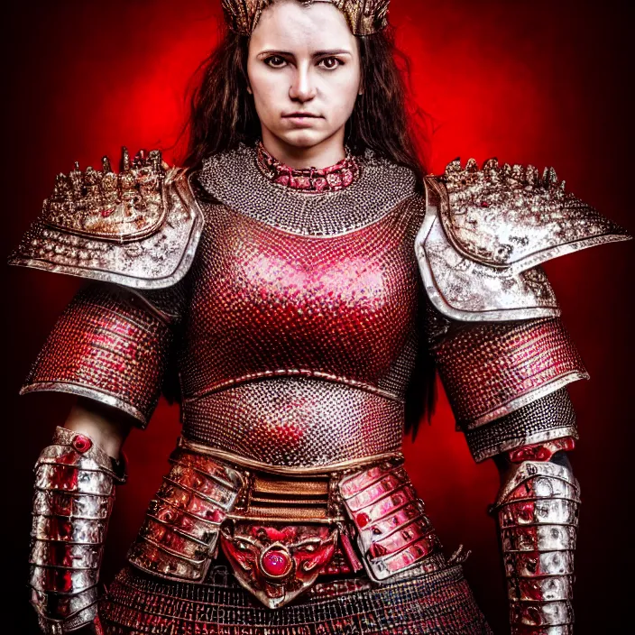 Image similar to full body portrait photo of a beautiful strong warrior queen wearing ruby encrusted armour, highly detailed, 4 k, hdr, smooth, sharp focus, high resolution, award - winning photo