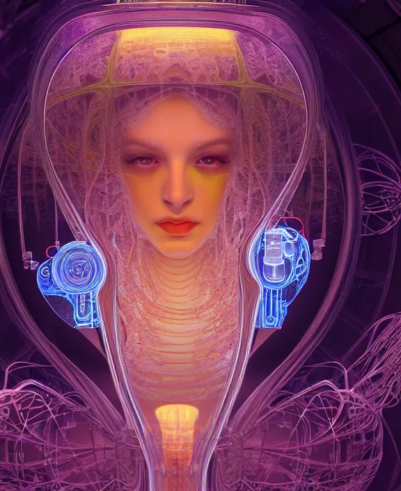 Image similar to intricate opulent transparent clear see - through portrait of microbes, fractal, neon lights, circuitry, dense industrial environment, ultra realistic, concept art, art deco, photorealistic, octane render, 8 k, unreal engine. art by nori inoguchi and sam kaplan and zachary goulko and christopher marley and artgerm and alphonse mucha