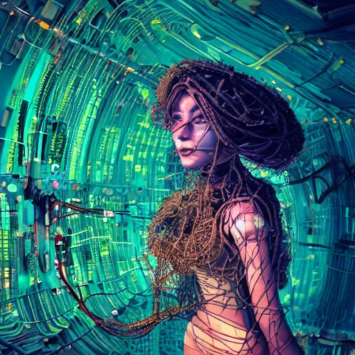 Image similar to space station on the moon, piles of modular synth cables mixed with mangrove roots, kawaii puerto rican goddess staring through your soul wearing a headpiece made of circuit boards, by cameron gray, wlop, stanley kubrick, masamune, hideki anno, jamie hewlett, unique perspective, eastman color, trending on artstation, cinematic, 3 d render, muted neon