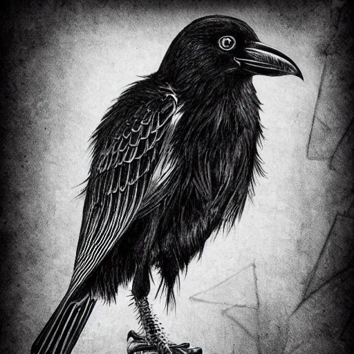 Prompt: detailed crow illustration, full body, dark fantasy, black ink on white paper, sketched 4k