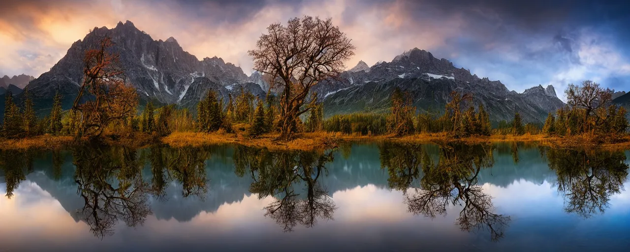 Image similar to landscape photography by marc adamus, dead tree in the foreground, mountains, lake