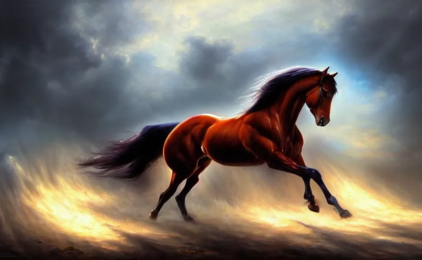 Image similar to a masterpiece oil painting of a proud horse galloping. wide angle, fantasy art, heroic lighting, by artgerm, fog, finger of god, amazing wallpaper