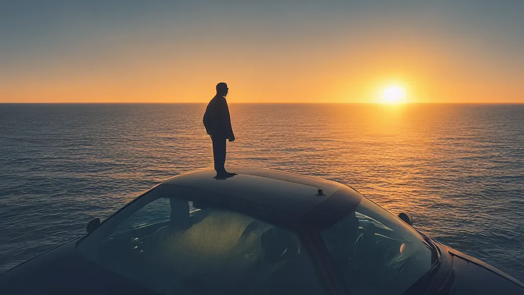 Image similar to a movie still of a man standing on the roof of a car driving through the ocean at sunset, golden hour