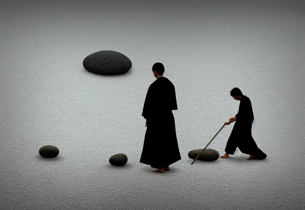 Image similar to portrait of a lone priest raking stones in a zen garden kyoto, japan, a collage painting, in the style of wes anderson, lola dupre, david hockney, isolated on negative white space background dark monochrome fluorescent neon spraypaint accents volumetric octane render