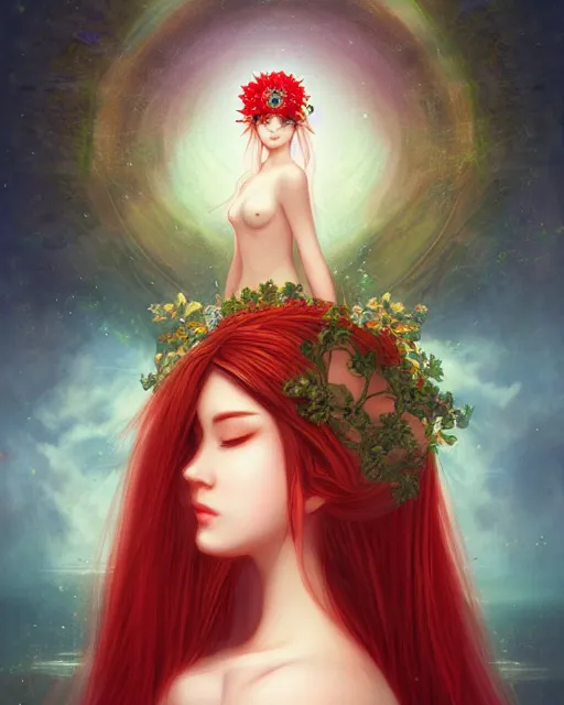 Image similar to the goddess of summer, with lotus on her head, red skirt, half - length head portrait, dreamy, beautiful, by wlop