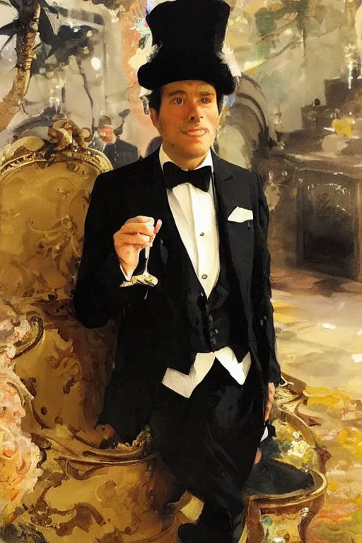 Image similar to portrait of a respectable dignified royal business elite politician wearing a lisa frank top hat and tuxedo, art by anders zorn, wonderful masterpiece by greg rutkowski, beautiful cinematic light, american romanticism by greg manchess, jessica rossier