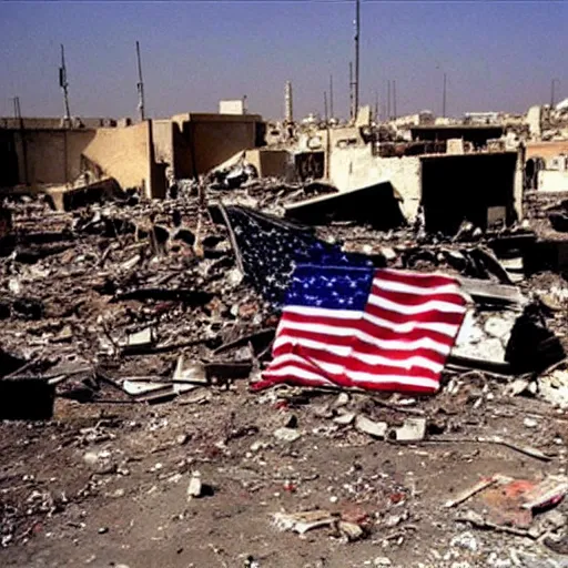 Image similar to iraq in 2 0 0 3 being destroyed by rockets, american flag somewhere »