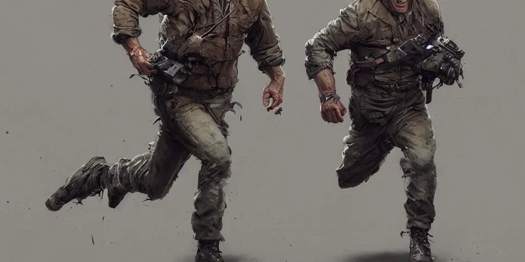 Image similar to cartoonish bruce willis running, by geert goilis, vivid colors, character sheet, fine details, concept design, contrast, kim jung gi, greg rutkowski, trending on artstation, 8 k, full body, turnaround, front view, back view, ultra wide angle