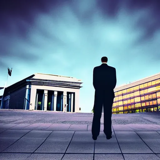 Prompt: a man standing in front of a courthouse, jury duty, bored, anger, bright green sky, digital art, backshot angle