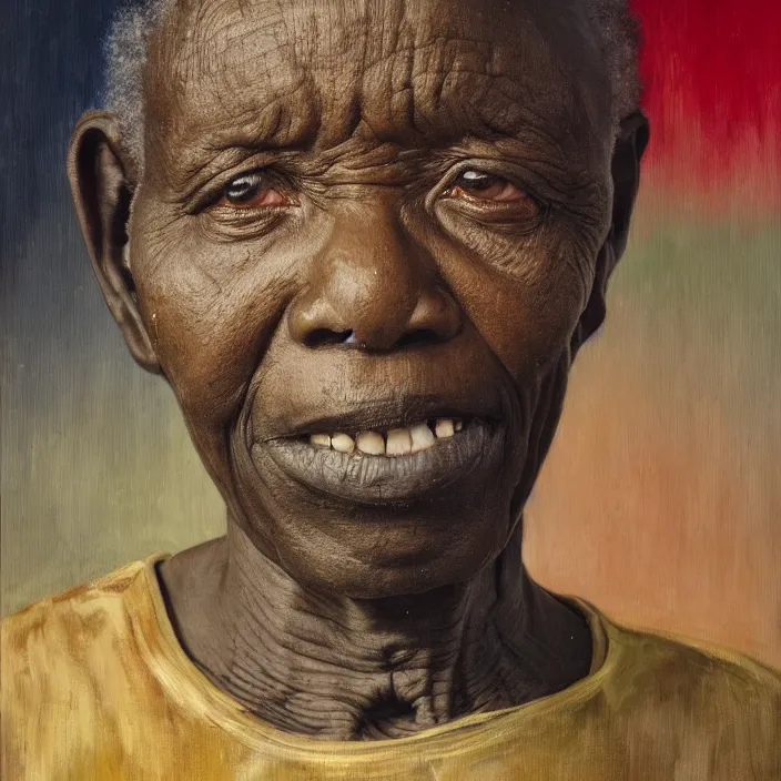 Image similar to a painting of a wise elder from Kenya by Lynette Yiadom-Boakye . dramatic angle, ethereal lights, details, smooth, sharp focus, illustration, realistic, cinematic, artstation, award winning, rgb , unreal engine, octane render, cinematic light, macro, depth of field, blur, red light and clouds from the back, highly detailed epic cinematic concept art CG render made in Maya, Blender and Photoshop, octane render, excellent composition, dynamic dramatic cinematic lighting, aesthetic, very inspirational, arthouse.