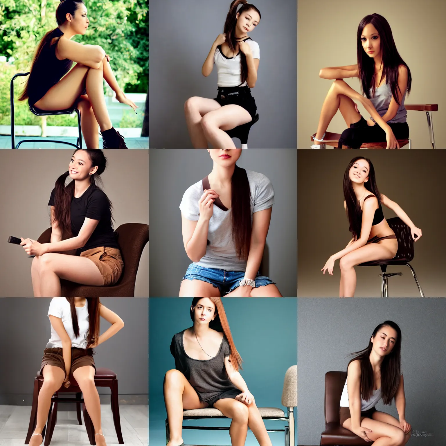 Prompt: sexy girl wearing shorts, brown hair in a ponytail, sitting on a chair, upright posture, in the style of ross tran