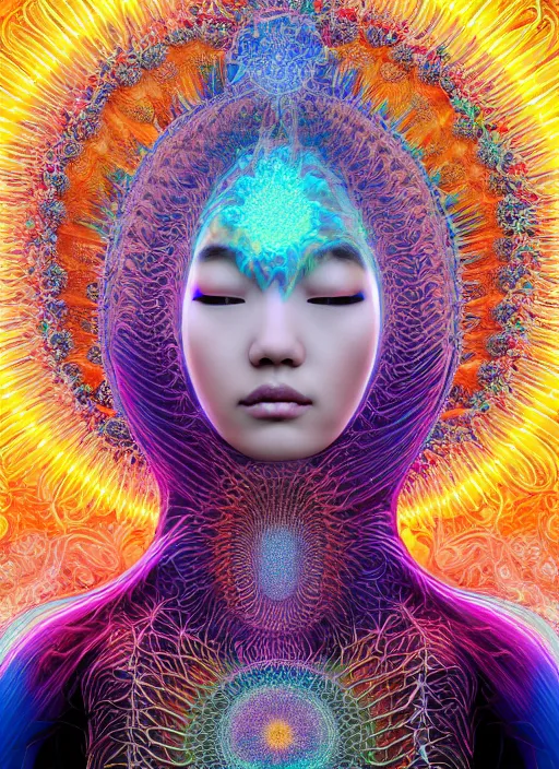 Prompt: ridiculously beautiful young asian woman tripping, coral and light fractals radiating from head with sacred geometry, cosmic, natural, awakening, symmetrical, in the style of ernst haeckel and alex grey, effervescent, warm, photo realistic, epic and cinematic