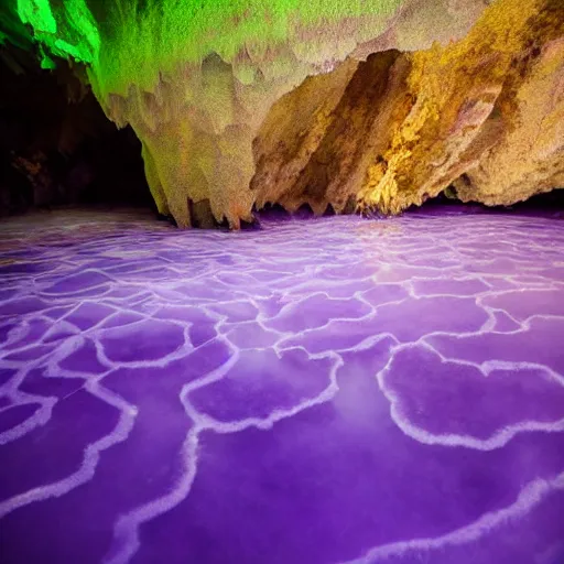 Image similar to photo inside an amethyst cave with a hot spring