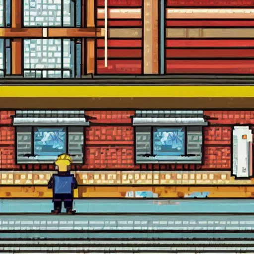 Image similar to portrait of a lazy miner, train station background, high detail, 8 - bit pixel art, cute, by studio ghibli