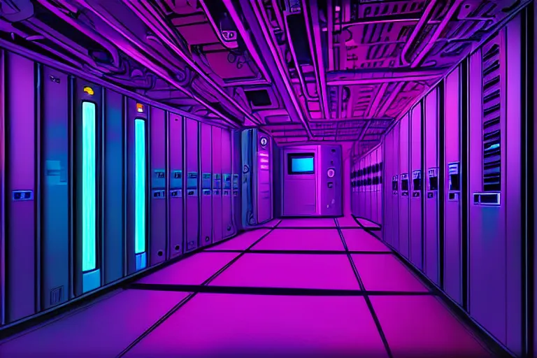 Prompt: realistic robot in a data server room, neon and dark, purple and blue color scheme, by dan mumford and alberto giacometti