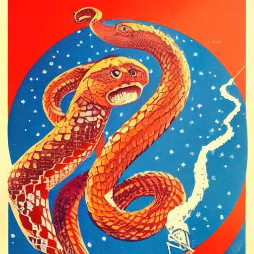 Prompt: soviet propaganda poster featuring a snake tangled on planet earth, view from space