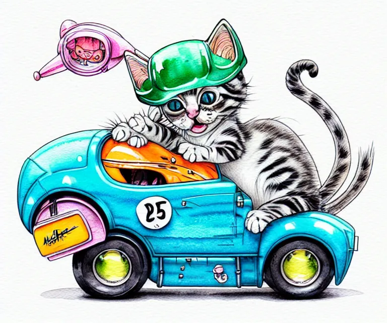 Prompt: cute and funny, kitten wearing a helmet riding in a tiny hot rod with an oversized engine, ratfink style by ed roth, centered award winning watercolor pen illustration, isometric illustration by chihiro iwasaki, edited by range murata, tiny details by artgerm and watercolor girl, symmetrically isometrically centered, sharply focused