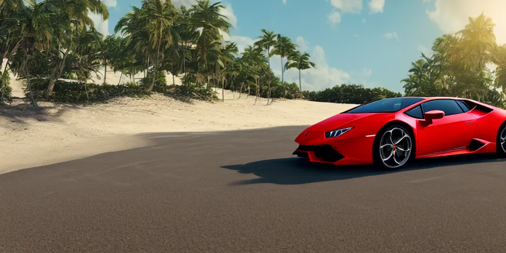 Image similar to red Lamborghini huracan!, unreal engine 5!, hyperrealistic!, cinema 4D!, dynamic lighting! Beach! Tropical paradise!, cinematic landscape!, studio landscape! Amazing ultra quality!