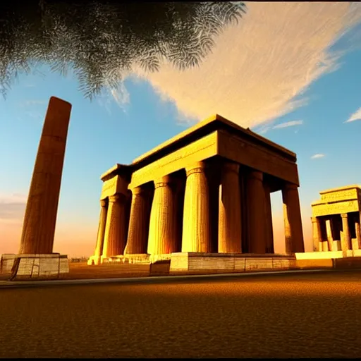 Image similar to a beautiful award winning photo of a huge pharaonic temple, golden hour, very detailed and sharp, 4k cinematic