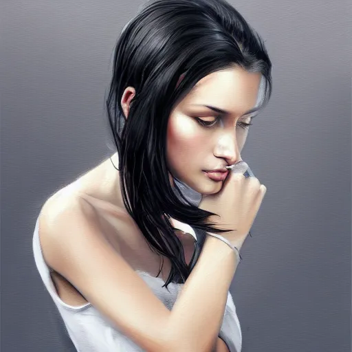 Image similar to portrait of a beautiful woman, black hair, attractive, casual, modern, highly detailed, digital painting, artstation, concept art, smooth, sharp focus, illustration, art by thomas saliot