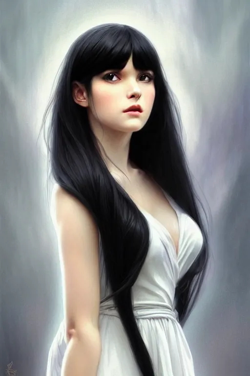 Image similar to a beautiful girl with long black hair and bangs, wearing a white dress, D&D, fantasy, portrait, sharp focus, intricate, elegant, digital painting, artstation, matte, highly detailed, concept art, illustration, ambient lighting, art by ilya kuvshinov, artgerm, Alphonse mucha, and Greg Rutkowski