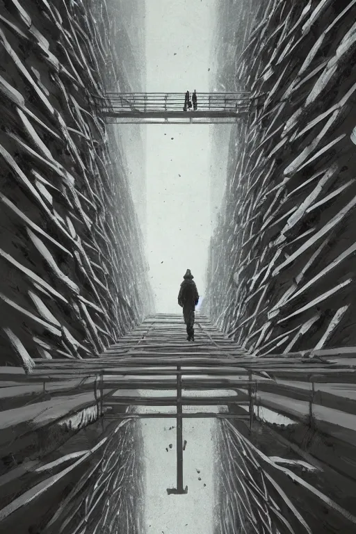 Image similar to Lonely homeless stalker walks across the bridge, over infinite soviet negastructure. Top down view. By jakub Różalski, detailed, hyper realistic