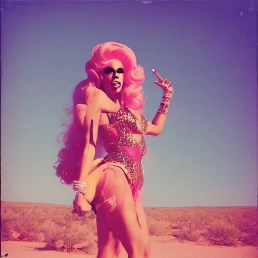 Image similar to drag queen pink paradise in desert, polaroid photo, perfect photo, photo pinterest