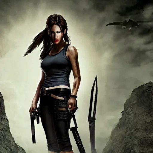 Image similar to lara croft as a gothic schoolgirl. film still, directed by quintin tarantino.