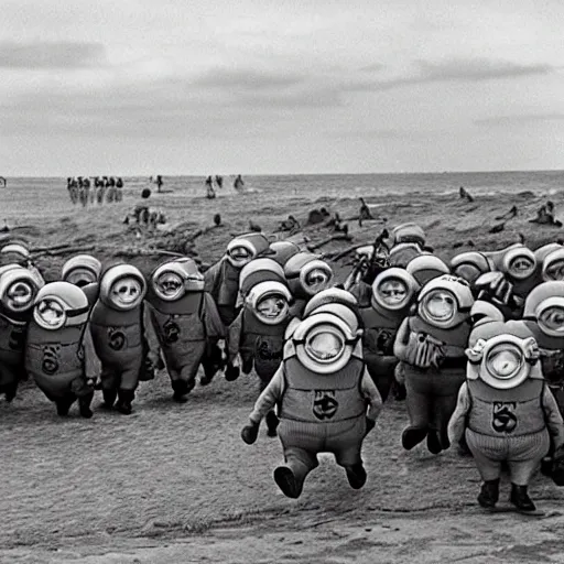 Prompt: cute minions storming omaha beach on d-day