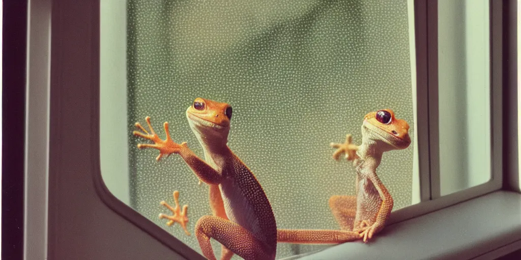 Prompt: 1980s magazine photo of a gecko next to a window with dappled natural light, smoky