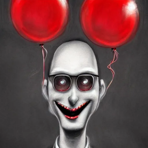 Prompt: surrealism grunge cartoon portrait sketch of slender man with a wide smile and a red balloon by - michael karcz, loony toons style, slender man style, horror theme, detailed, elegant, intricate