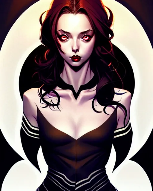 Image similar to artgerm, joshua middleton comic cover art, full body pretty kacey rohl vampire, symmetrical eyes, symmetrical face, long curly black hair, dark castle background background, cinematic lighting