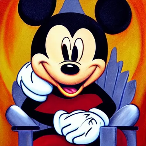 Image similar to a painting of mickey mouse sitting on the spiky iron throne (from game of thrones) wearing the ring of power (from lord of the rings) on his finger